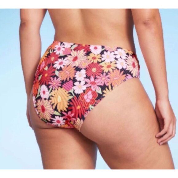 Wild Fable-Women's Ribbed High Waist High Leg Cheeky Bikini Bottom-Black/Pink-XS - Picture 2 of 12